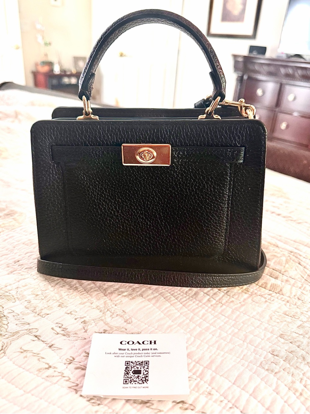 Coach Mini Lane Top Handle Refined Pebble & Snake Leather Bag Black/Gold/Maroon